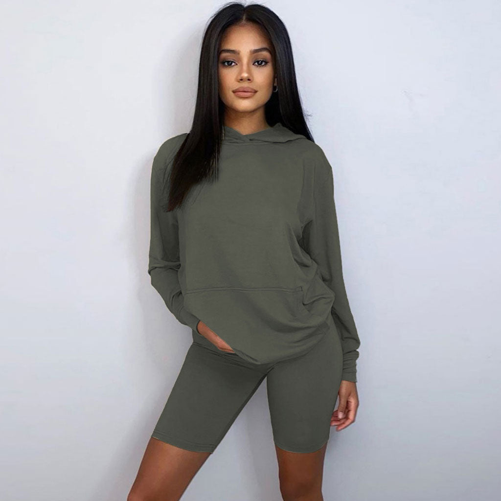 Athletic Hooded Sweatshirt Biker Short Matching Set - Army Green