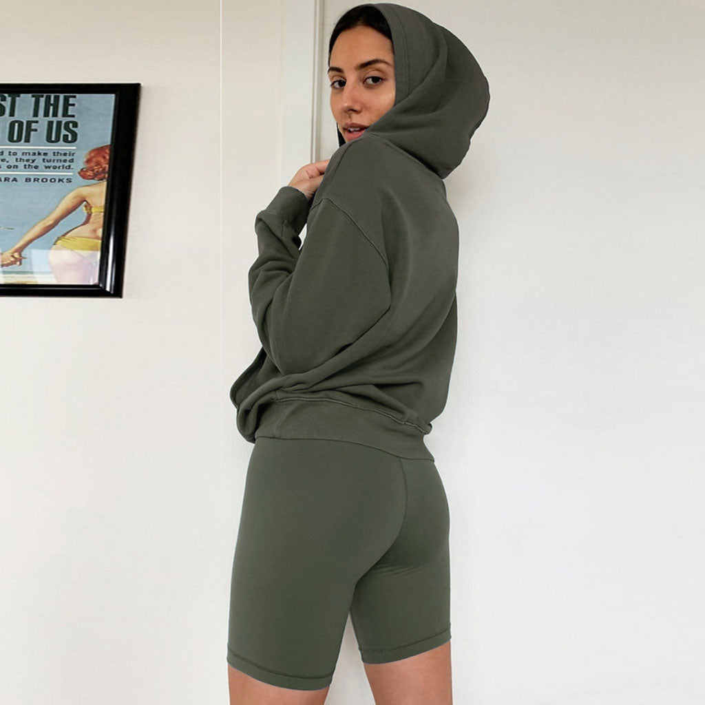 Athletic Hooded Sweatshirt Biker Short Matching Set - Army Green