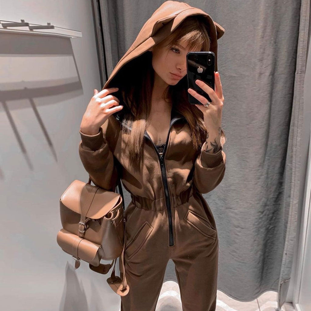 Athletic Style Kitty Hooded Zip Up Long Sleeve Jumpsuit - Khaki