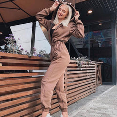 Athletic Style Kitty Hooded Zip Up Long Sleeve Jumpsuit - Khaki