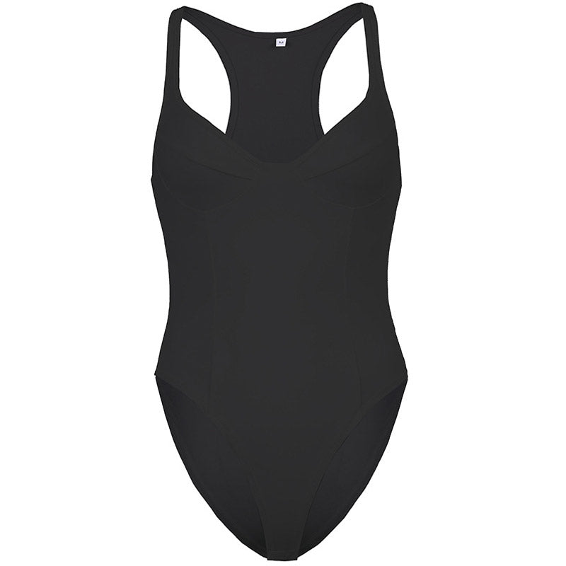 Athletic Sweetheart Bustier Racerback High Leg Fitted Bodysuit - Black