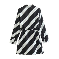 Chic Diagonal Stripe Print Shoulder Pad Deep V Collared Wrap Mini Dress - Black