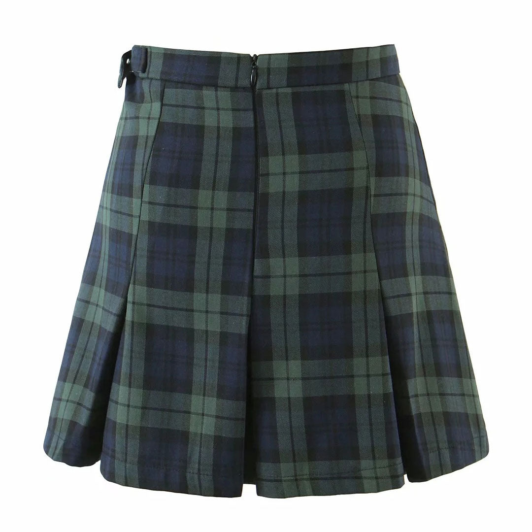 Chic Plaid Print High Waist Buckle Pleated Mini Skirt - Emerald Green