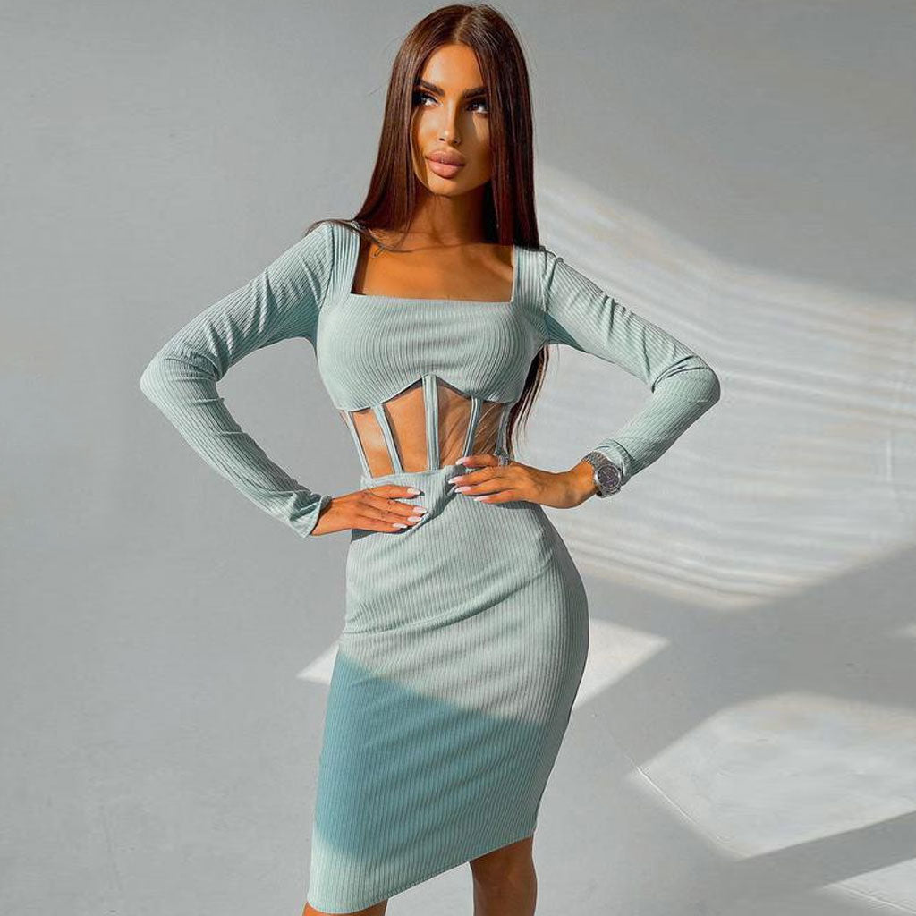 Chic Square Neck Long Sleeve Mesh Panel Rib Knit Midi Dress - Teal