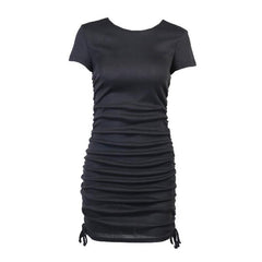 Street Style Drawstring Side Rib Knit Mini Dress - Black