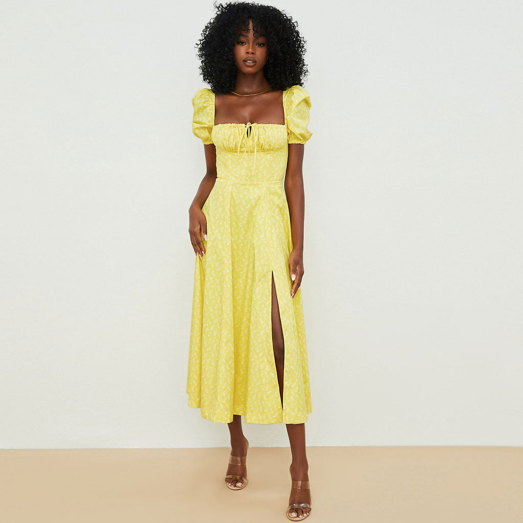 Daisy Printed Puff Sleeve High Slit Smock Maxi Sundress - Dark Yellow