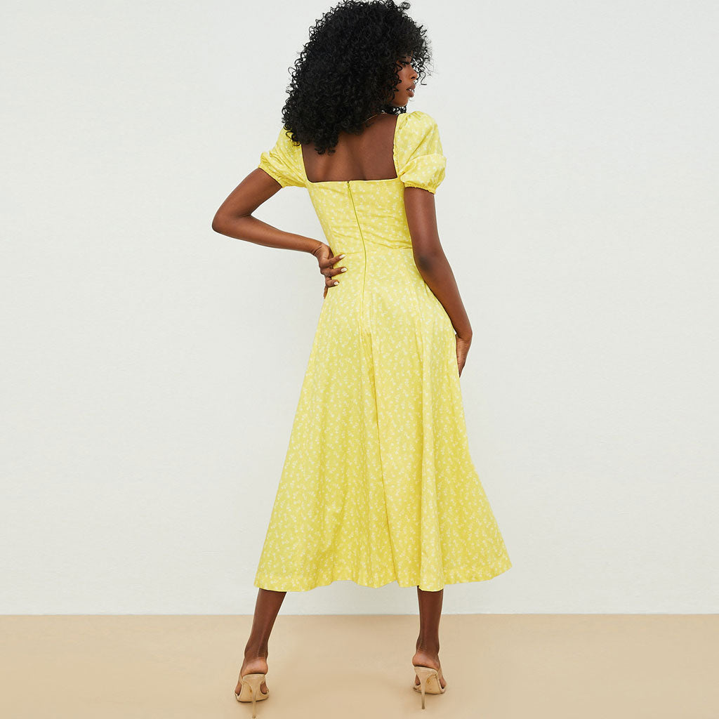 Daisy Printed Puff Sleeve High Slit Smock Maxi Sundress - Dark Yellow