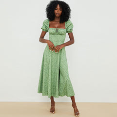 Daisy Printed Puff Sleeve High Slit Smock Maxi Sundress - Green