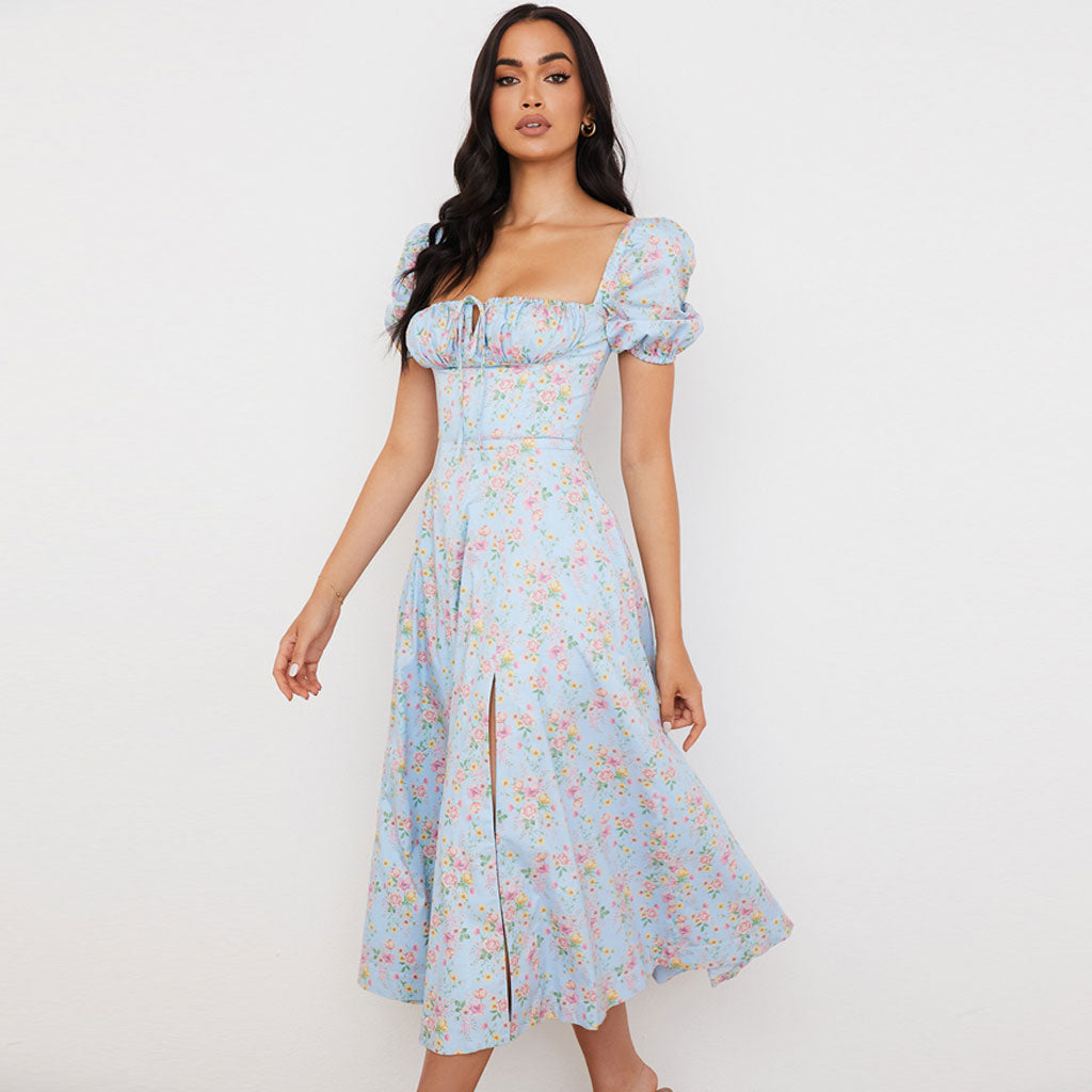 Daisy Printed Puff Sleeve High Slit Smock Maxi Sundress - Light Blue