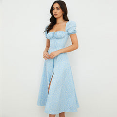 Daisy Printed Puff Sleeve High Slit Smock Maxi Sundress - Sky Blue