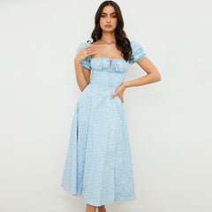 Daisy Printed Puff Sleeve High Slit Smock Maxi Sundress - Sky Blue