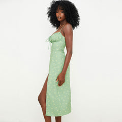 Daisy Printed Tied Bustier High Slit Slip Midi Dress - Light Green