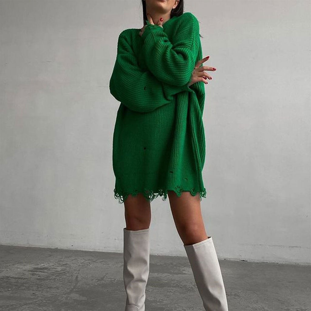 Distressed Trim Oversized Pullover Sweater Mini Dress - Emerald Green