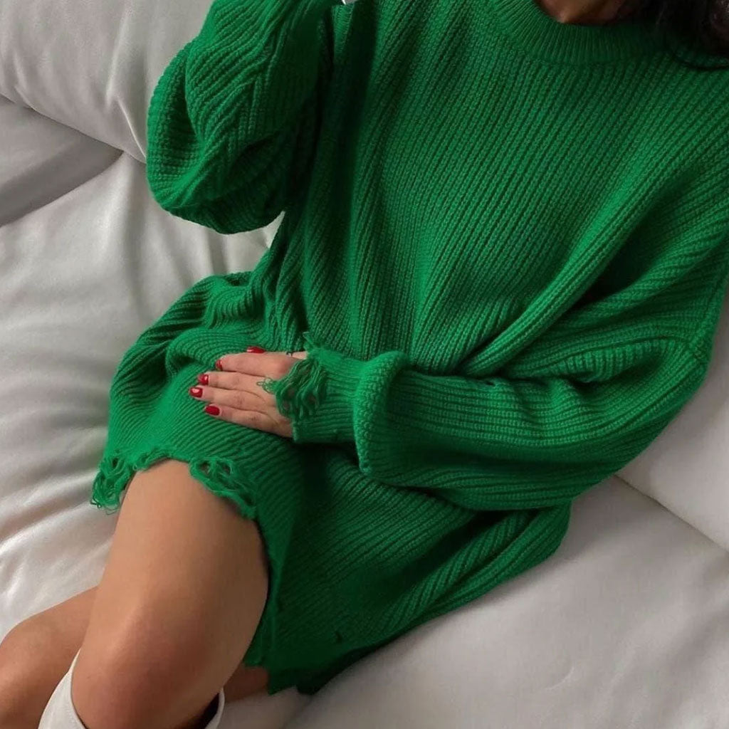 Distressed Trim Oversized Pullover Sweater Mini Dress - Emerald Green