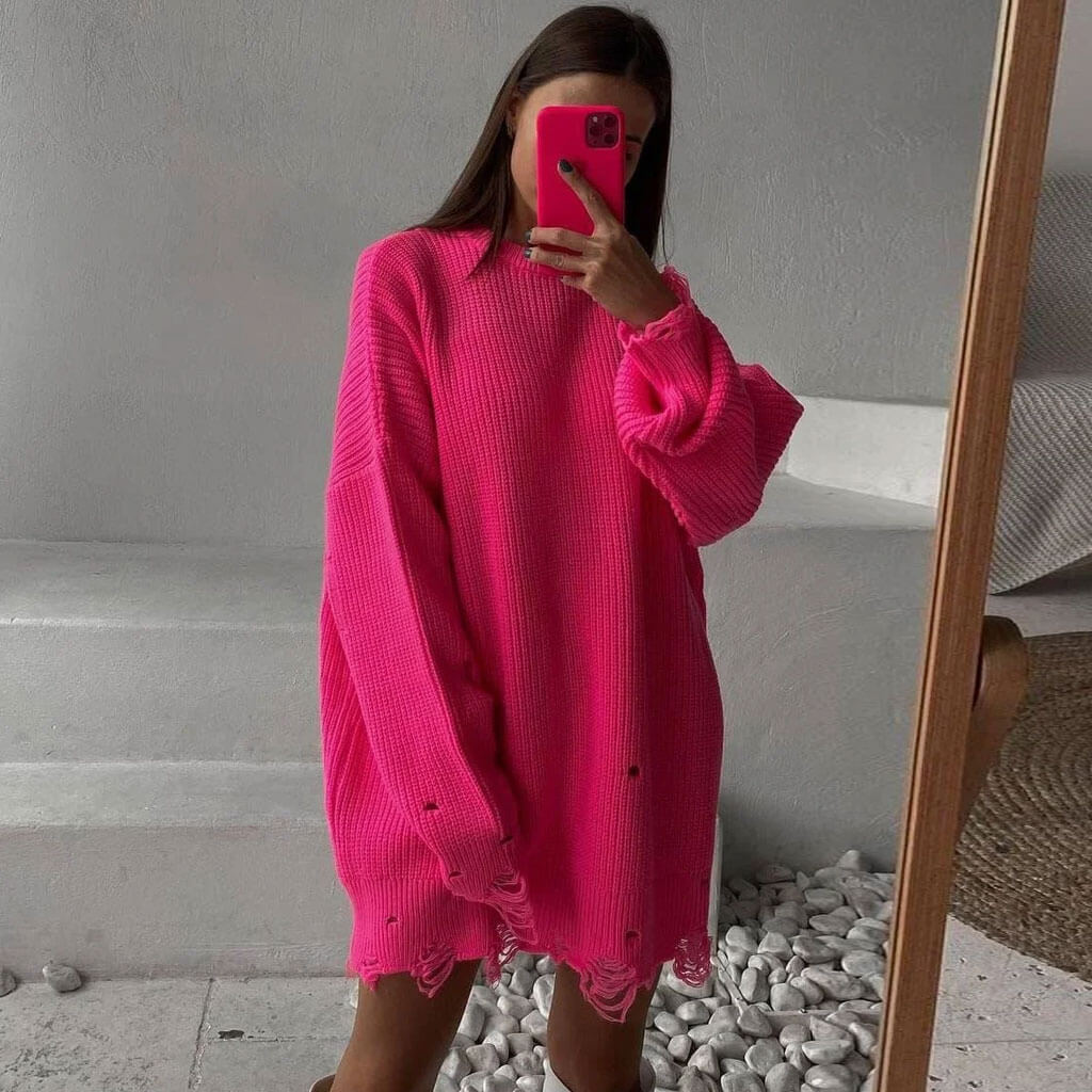 Distressed Trim Oversized Pullover Sweater Mini Dress - Rose