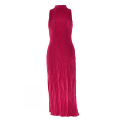 Elegant Pleated High Neck Sleeveless Party Midi Dress - Burgundy