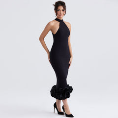 Enchanting Ruffle Hem Sleeveless Bodycon Cocktail Midi Dress - Black