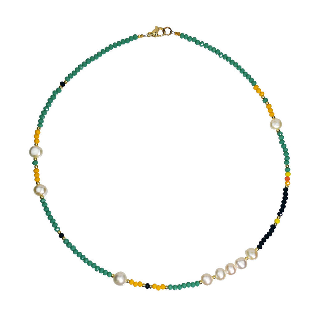 Faux Baroque Pearl Enamel Beaded Choker Necklace - Green