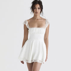 Floral Lace Ruched Tie Back Cap Sleeve Square Neck Mini Sundress - White