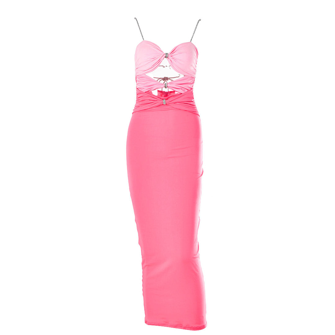 Glitter Crystal Spaghetti Strap Backless Knot Cutout Prom Maxi Derss - Pink