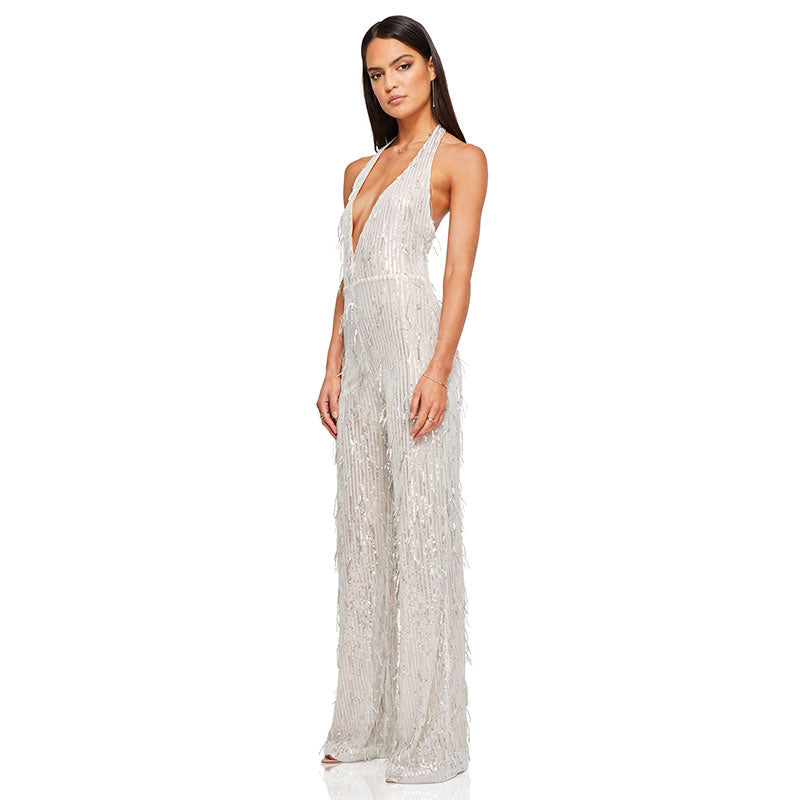 Glitter Sequin Fringe Plunge Backless Wide Leg Party Jumpsuit - Silver