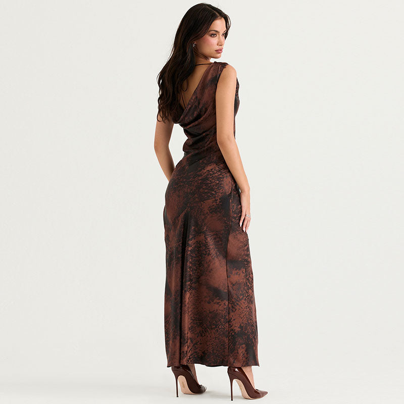 Glossy Satin Abstract Print High Split Cowl Neck Sleeveless Maxi Dress - Brown