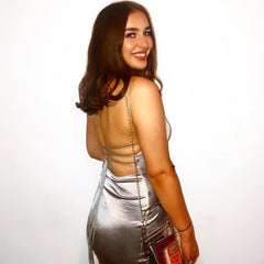 Glossy Satin Floss Strap Bodycon Backless Slip Mini Dress - Silver