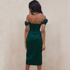 Glossy Satin Off Shoulder Draped Corset Cocktail Midi Dress - Emerald Green