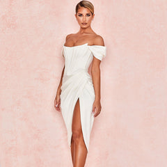 Glossy Satin Off Shoulder Draped Corset Cocktail Midi Dress - White