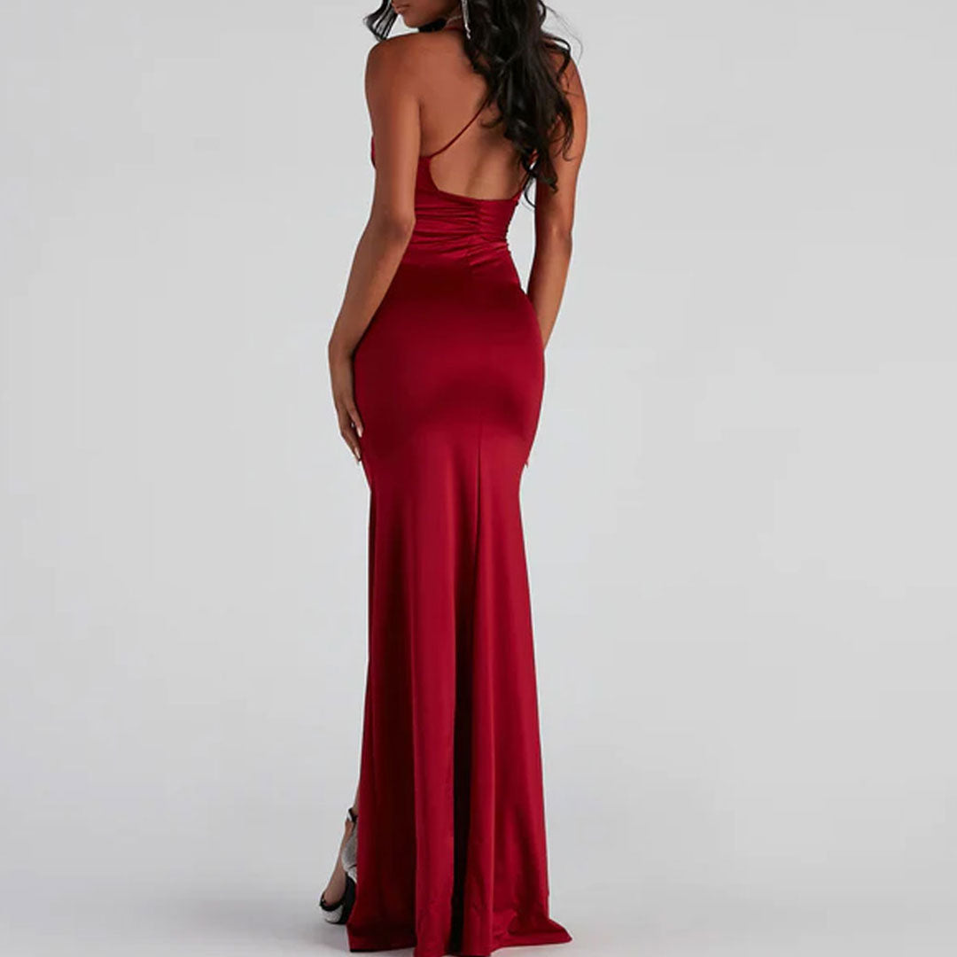 Glossy Satin Ruched Deep V High Slit Backless Maxi Dress - Red