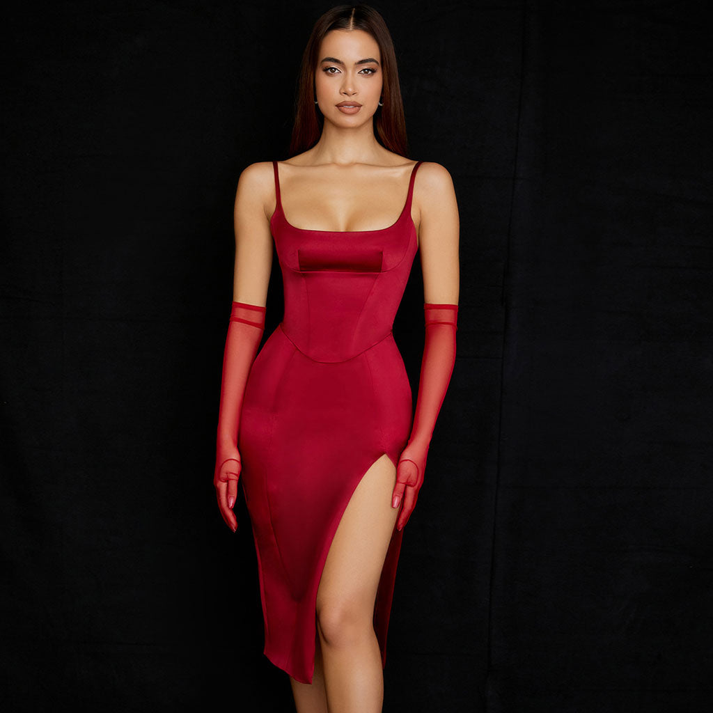 Glossy Satin Scoop Neck High Slit Slip Cocktail Midi Dress - Red