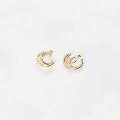 Glossy Gold Tone Plated Triple Circle Double Hoop Earrings - Gold