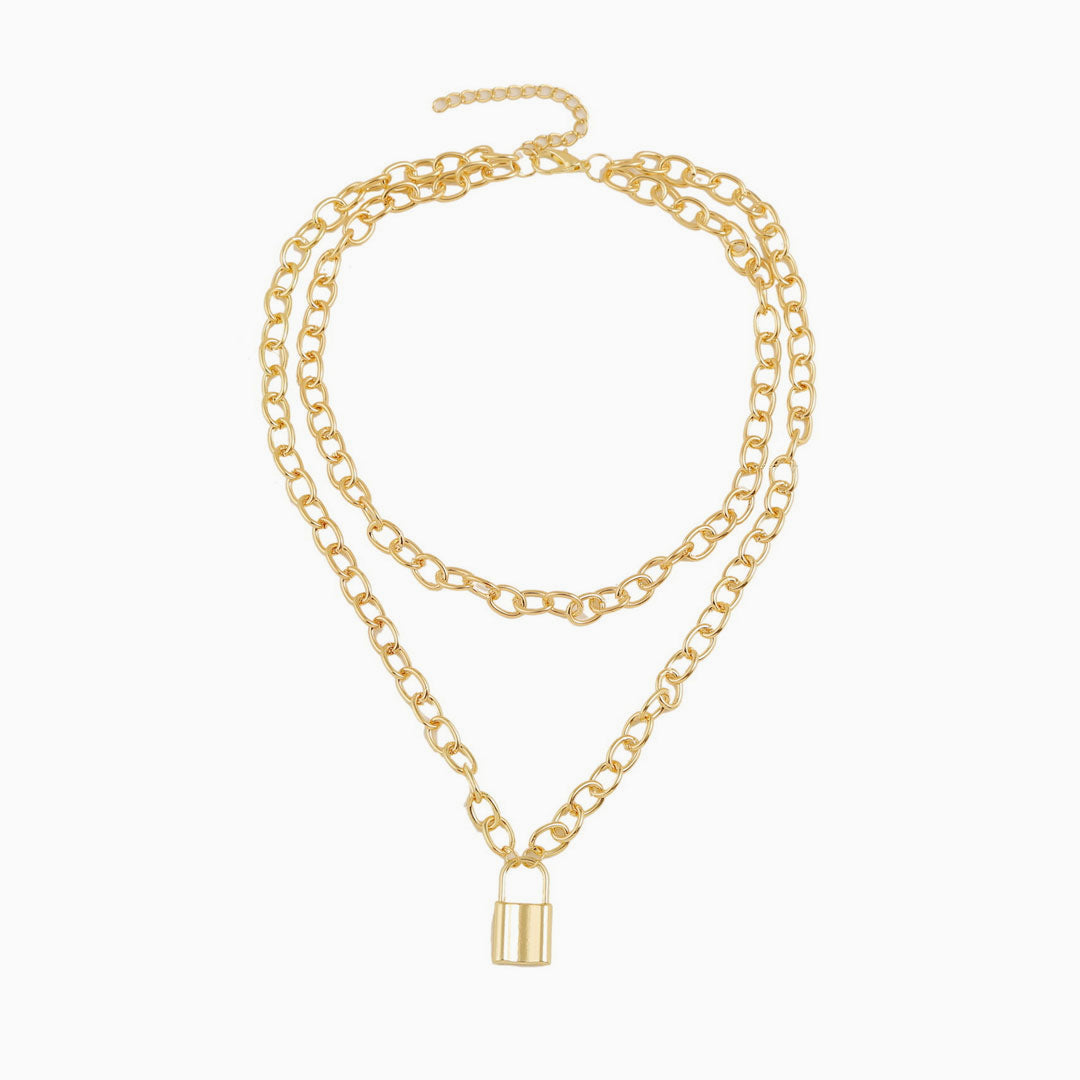 Modern Lock Pendant Chain-Link Layered Necklace - Gold