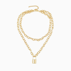 Modern Lock Pendant Chain-Link Layered Necklace - Gold