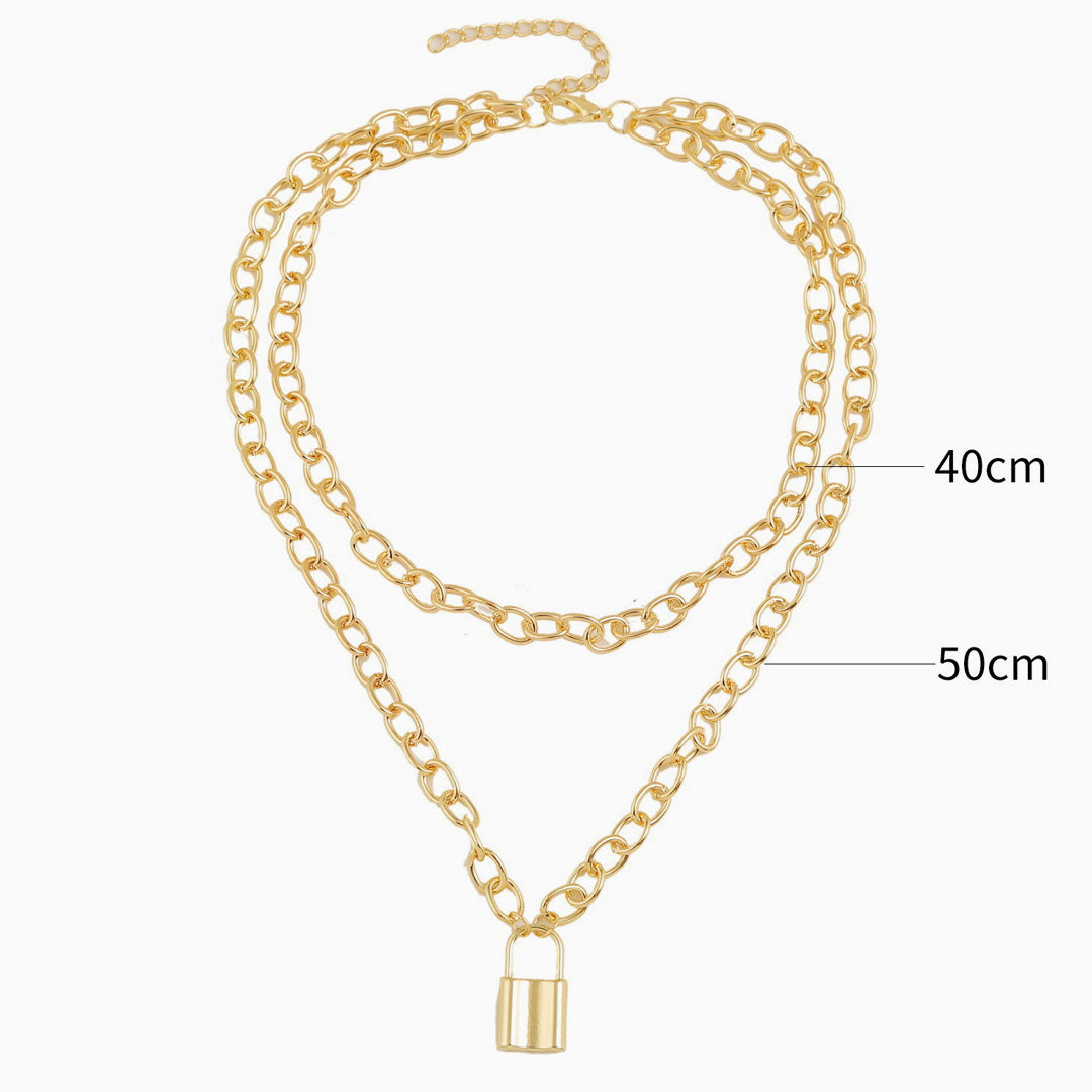 Modern Lock Pendant Chain-Link Layered Necklace - Gold