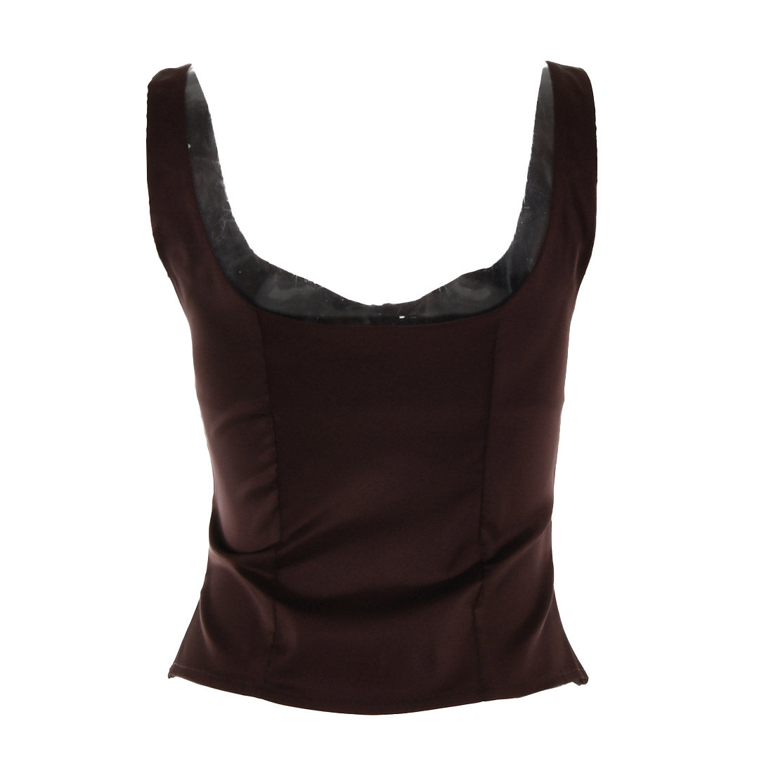 Luxury Satin Square Neck Button Up Sleeveless Tank Top - Brown