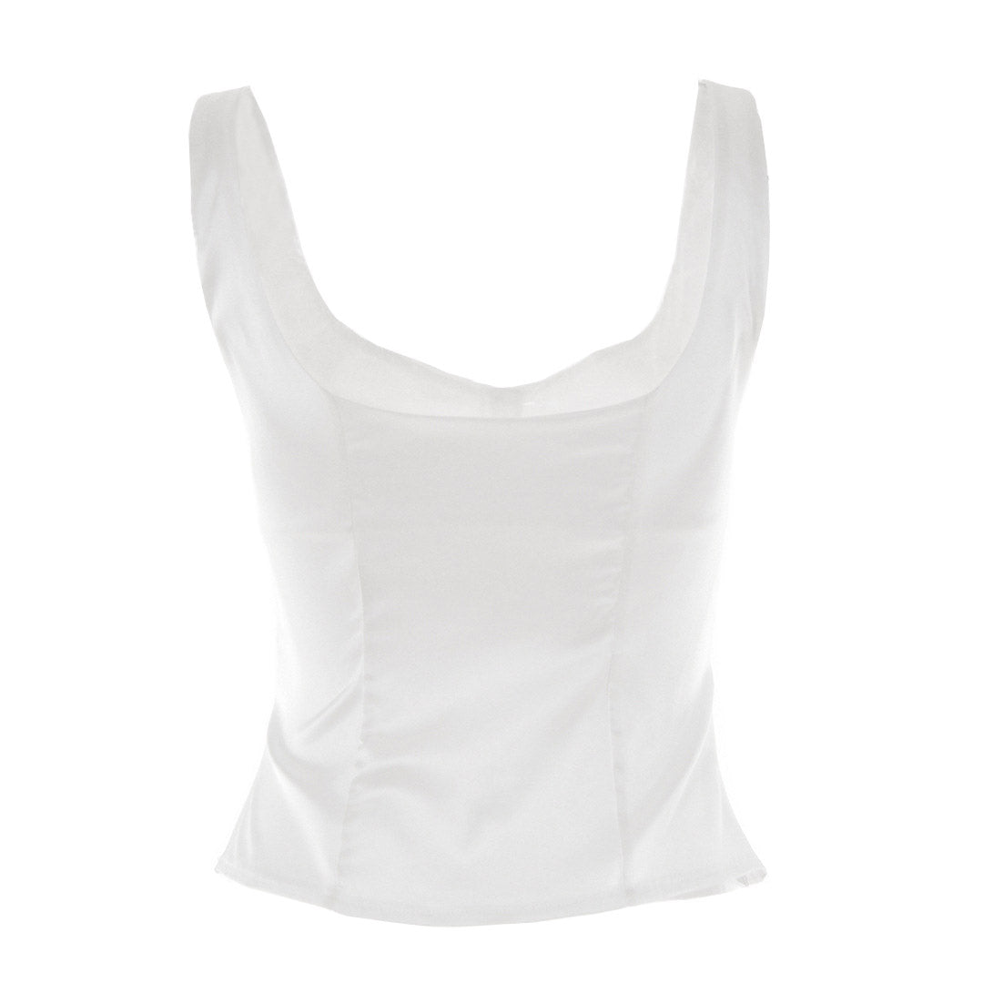 Luxury Satin Square Neck Button Up Sleeveless Tank Top - White