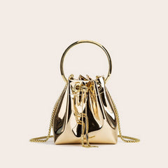 Metallic Faux Leather Ring Handle Drawstring Crossbody Bucket Bag - Gold