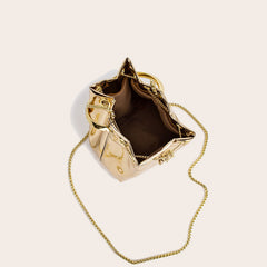 Metallic Faux Leather Ring Handle Drawstring Crossbody Bucket Bag - Gold