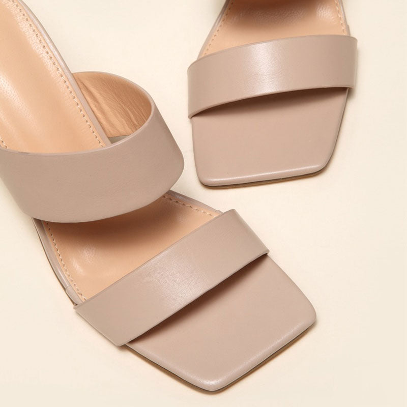 Metallic Geometric High Heel Square Toe Faux Leather Mule Sandals - Nude