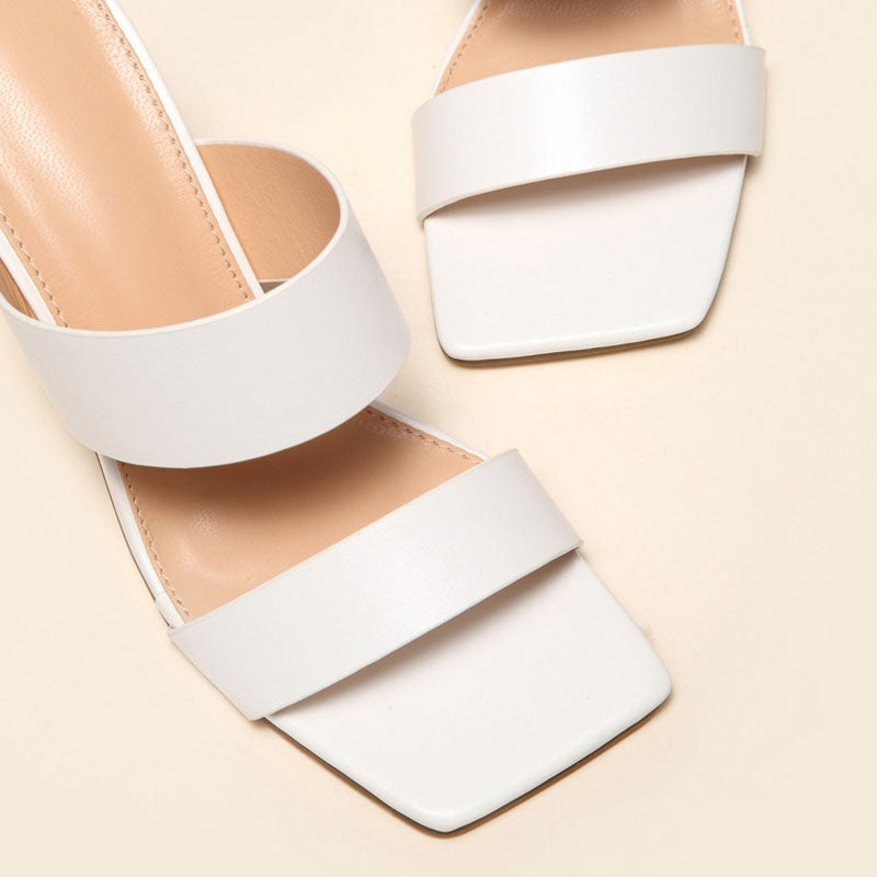 Metallic Geometric High Heel Square Toe Faux Leather Mule Sandals - White