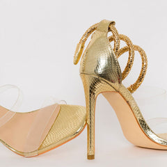 Metallic Snake Ankle Wrap Open Toe PVC Strap Stiletto Sandals - Gold