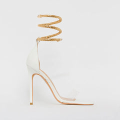 Metallic Snake Ankle Wrap Open Toe PVC Strap Stiletto Sandals - White