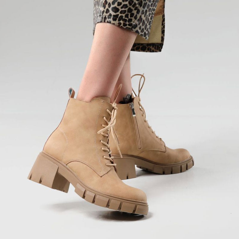 Military Round Toe Block Heel Lug Sole Lace Up Combat Boots - Apricot