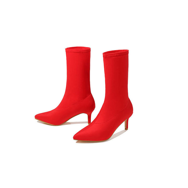 Minimalist Style Pointed Toe High Heel Sock Ankle Boots - Red