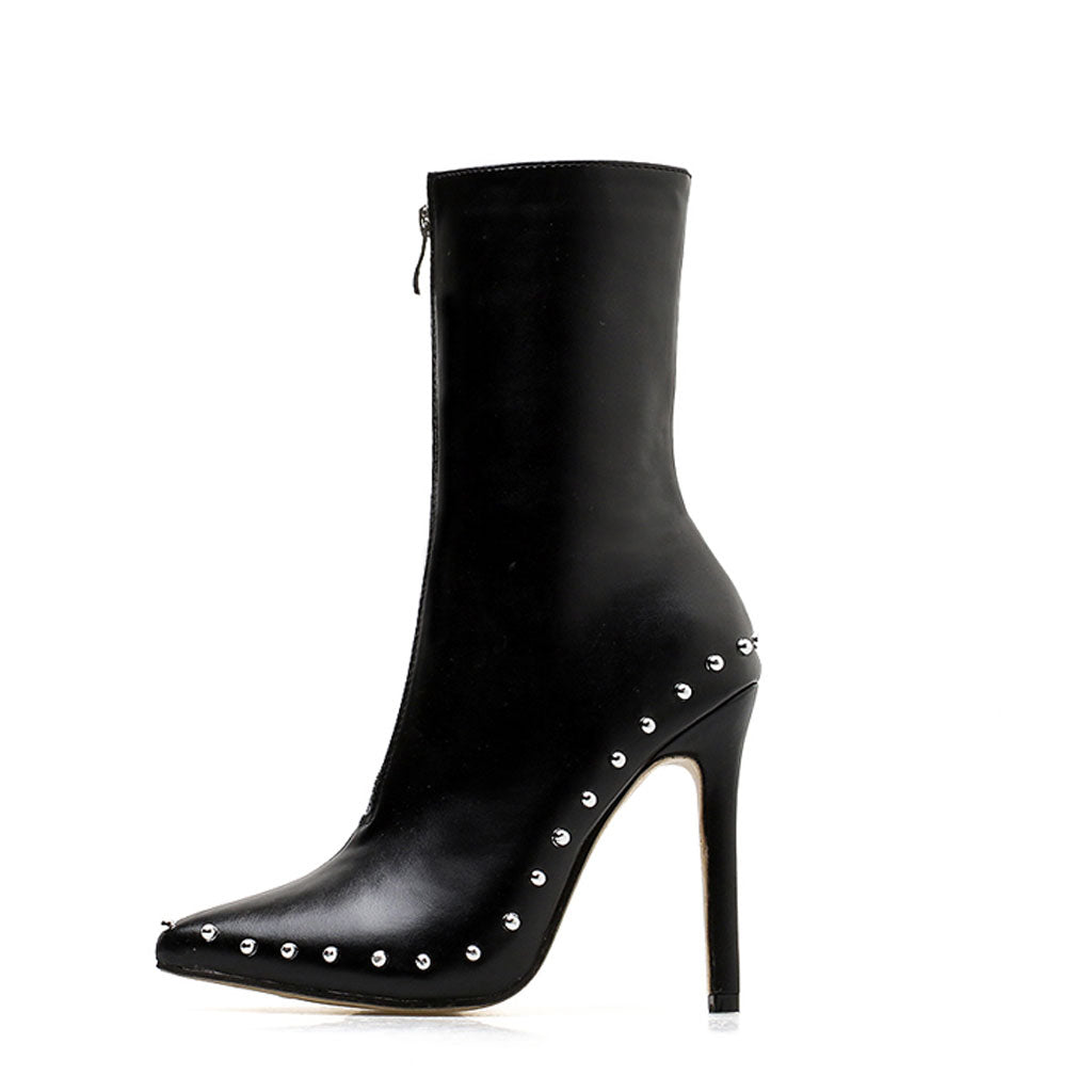 Modern Bead Trimmed Pointed Toe Zip Front Ankle Boots - Black