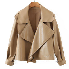 Modern Faux Leather Long Sleeve Collared Cropped Trench Coat - Khaki