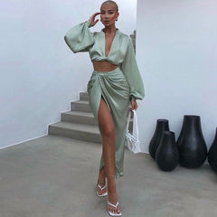 Modern Long Sleeve High Slit Satin Skirt Matching Set - Green