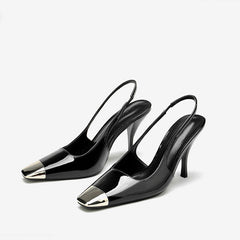 Modern Metal Square Toe Patent Slingback High Heel Pumps - Black