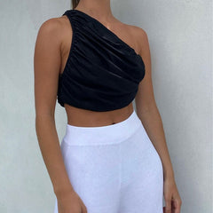 Modern Style Ruched Trim One Shoulder Cropped Tank Top - Black